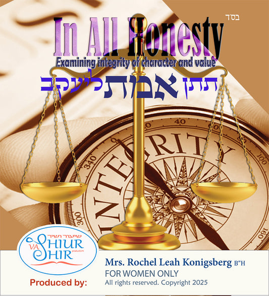 Brochure cover titled "In All Honesty" from Shiur VaShiur series on integrity of character, with a design featuring Hebrew text and artwork.