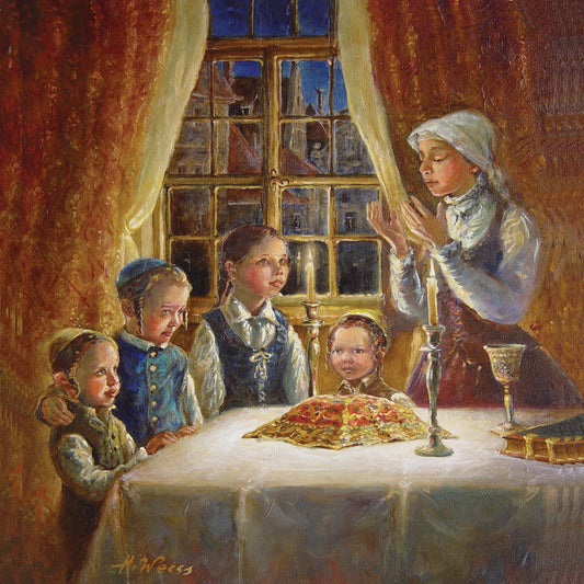 Shiur VaShir painting_of_woman_lighting_candles_while_small_children_watch_image_only