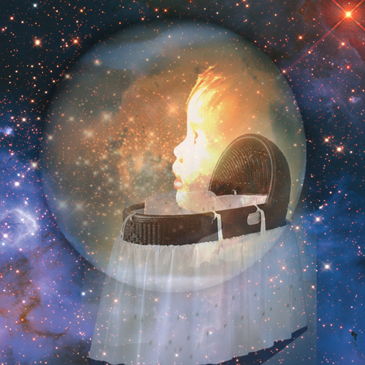 Shiur VaShir An illuminated baby gazing at stars in a galaxy, with a glowing world floating in the background, evoking wonder and divine possibility.