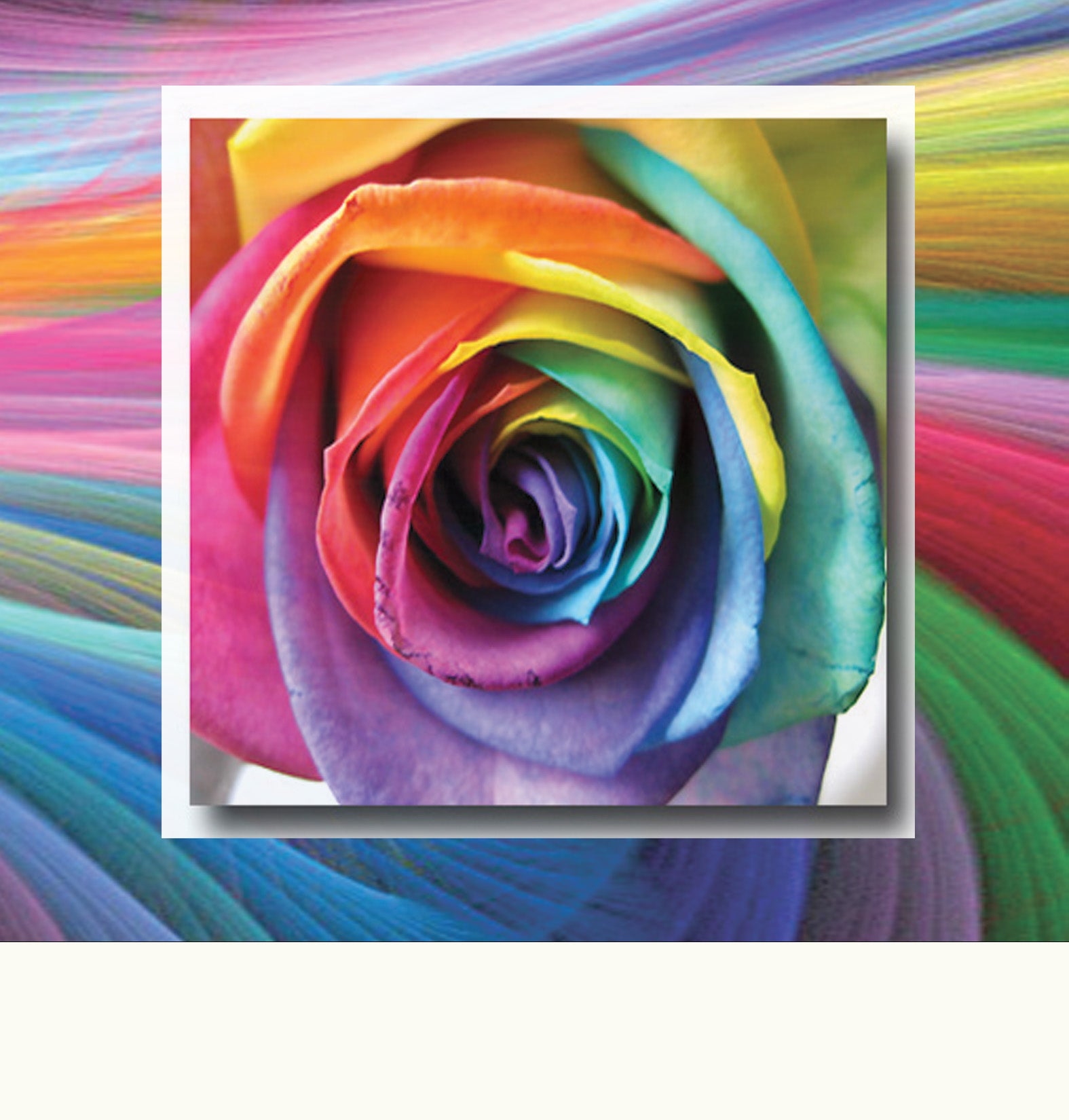 Shiur VaShir image of multicolored_rose_set_in_white_window_floating_on_waves_of_rainbow_colors, symbolic of richness and depth in Judaic beliefs and Ani Ma'amins.