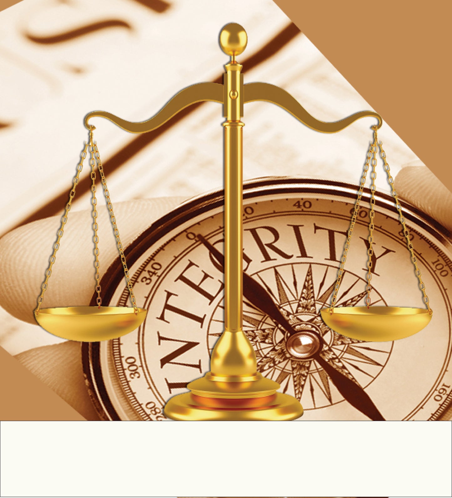 Shiur VaShir image of a golden scale of justice is centered over a circular compass with the word 'INTEGRITY' on a beige background with a blurred judicial seal.