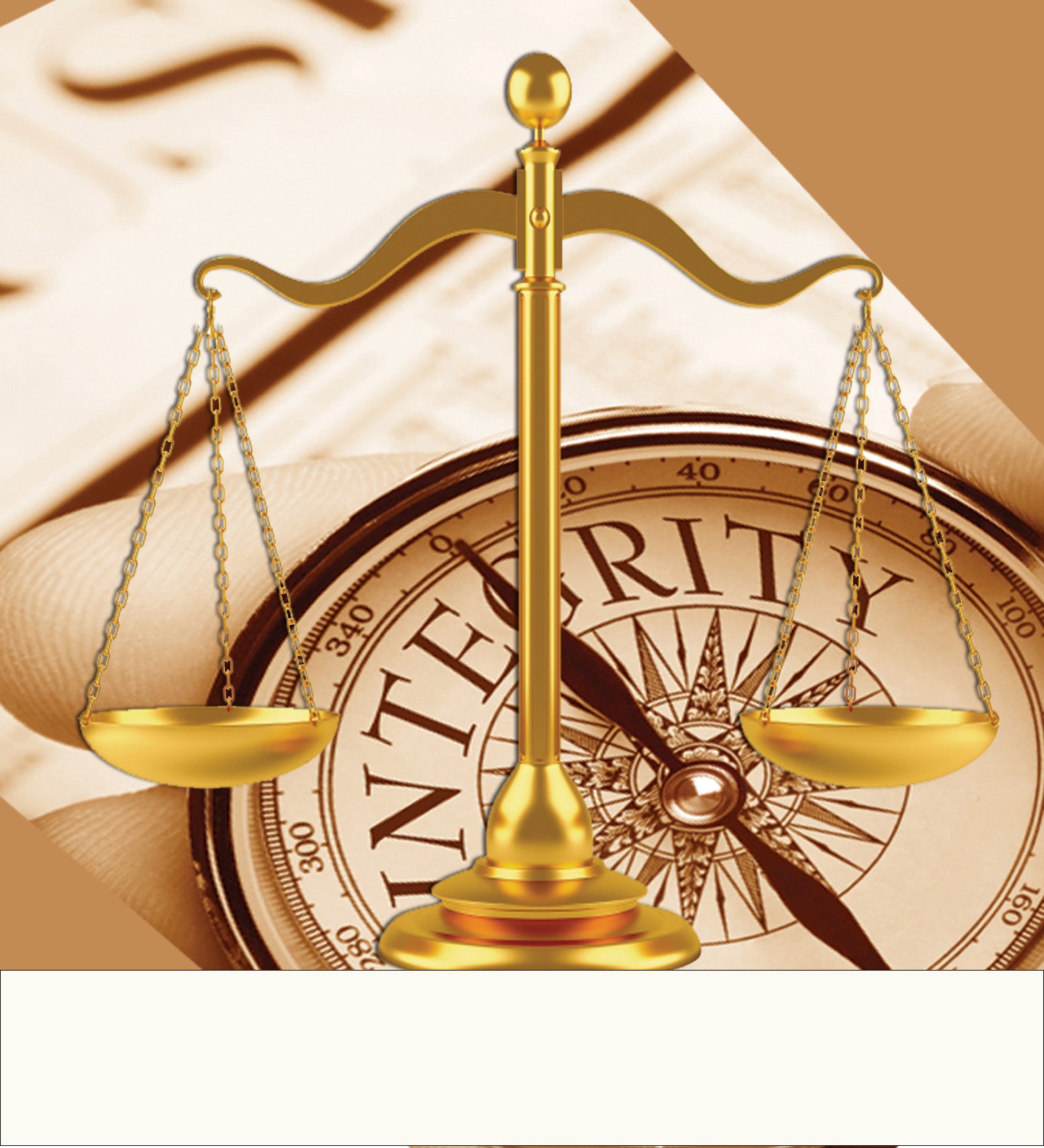 Shiur VaShir image of a golden scale of justice is centered over a circular compass with the word 'INTEGRITY' on a beige background with a blurred judicial seal.