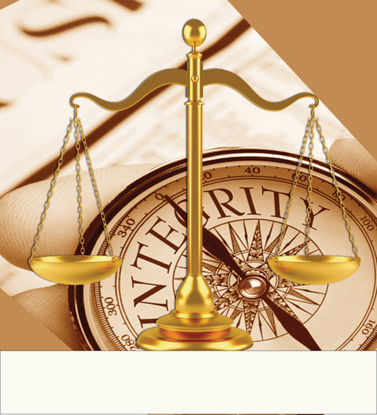 Shiur VaShir image of a golden scale of justice is centered over a circular compass with the word 'INTEGRITY' on a beige background with a blurred judicial seal.