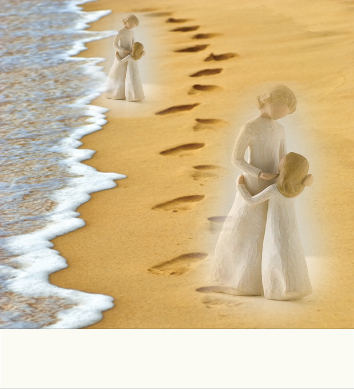 Shiur_vaShir image of footprints_along_seashore_with sculpture_of_modest Jewish mothers_and_daughters_embracing