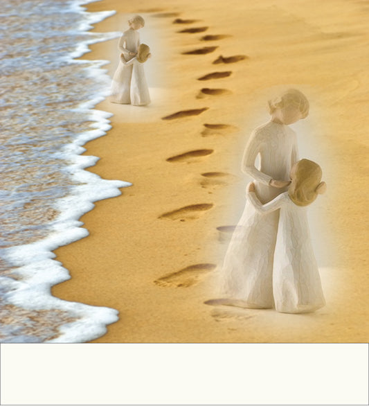 Shiur_vaShir image of footprints_along_seashore_with sculpture_of_modest Jewish mothers_and_daughters_embracing