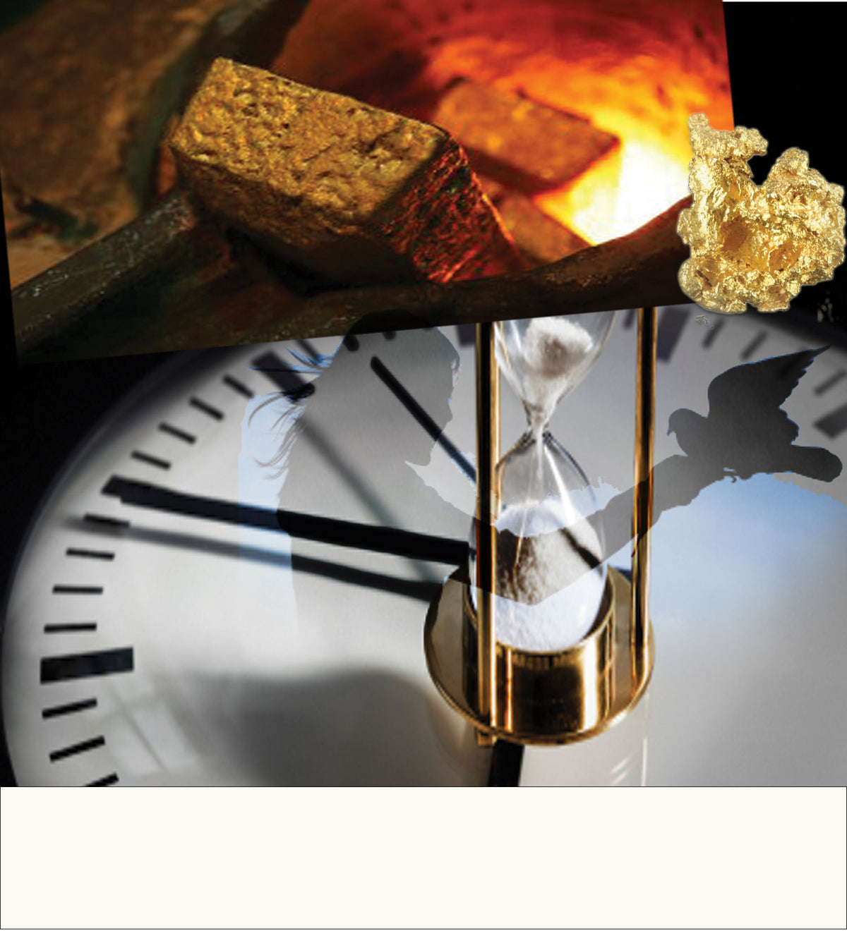 Shiur Vashir, A collage-style image featuring a gold ingot, a gold crystal cluster, and a gold hourglass over a clock face, superimposed over a girl holding onto a bird she is about to set free, depicting the purifying cauldron of Exile and the precise moment of Redemption.