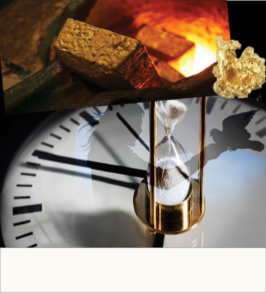 Shiur Vashir, A collage-style image featuring a gold ingot, a gold crystal cluster, and a gold hourglass over a clock face, superimposed over a girl holding onto a bird she is about to set free, depicting the purifying cauldron of Exile and the precise moment of Redemption.