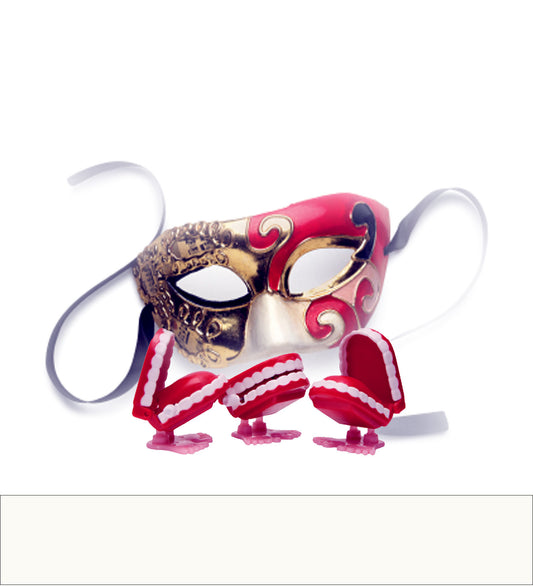 Shiur VaShir image of a gold and red Venetian mask set on a white background with 3 red and white chatter-box mouth figurines standing in front of the mask. 