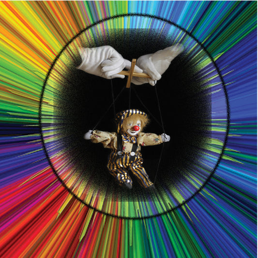 Shiiur VaShir artwork showing a small marionette clown puppet being manipulated by white-gloved hands  set against a black circular center with a vivid rainbow burst of streaks radiating outward representing putting our lives in Hashem's hands.