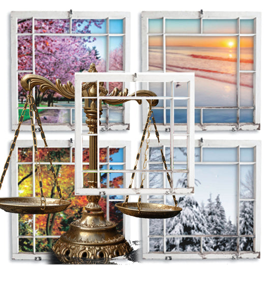 Shiur VaShir image with a  Rosh Hashana theme with scale representing the Day of Judgement, is blended against four seasons in a white  window pane. The picture depicts peacefulness and beauty in each part of our life's journey, symbolic of an attitude of gratefulness for yet one more year of life.