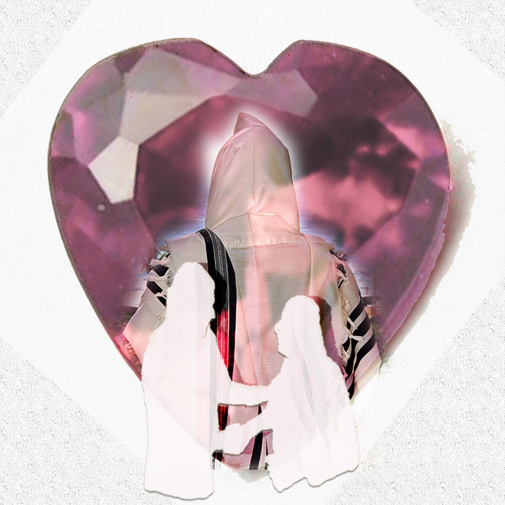 With Purity of Heart - Shiur Vashir image of two men shaking hands and making amends against a backdrop of a gemstone heart filled with love, and a religious Jew wearing his Talis as he prepares to pray.