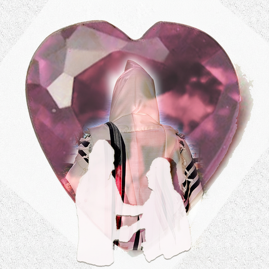 With Purity of Heart - Shiur Vashir image of two men shaking hands and making amends against a backdrop of a gemstone heart filled with love, and a religious Jew wearing his Talis as he prepares to pray.